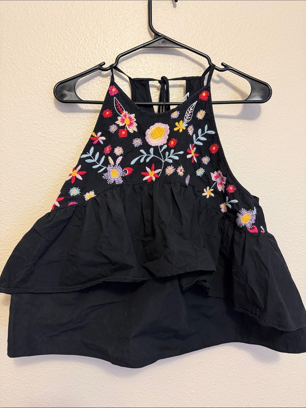 Zara Black Halter Tank with Multicolor Floral Embroidery trafaiuc collection